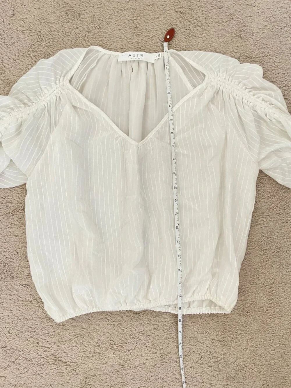 ASTR The Label White Sheer Ruched Sleeve Blouse S V Neck Tie Detail Stripe